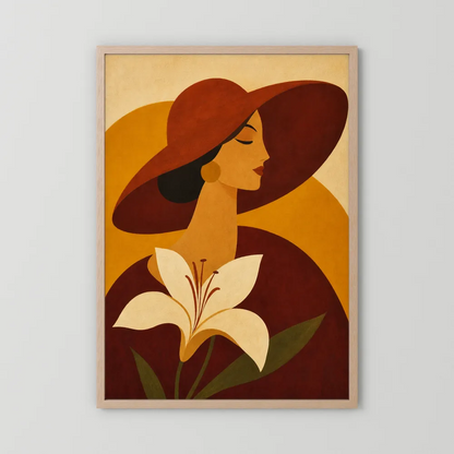 Woman in Sun Hat with White Lily Retro Art Print