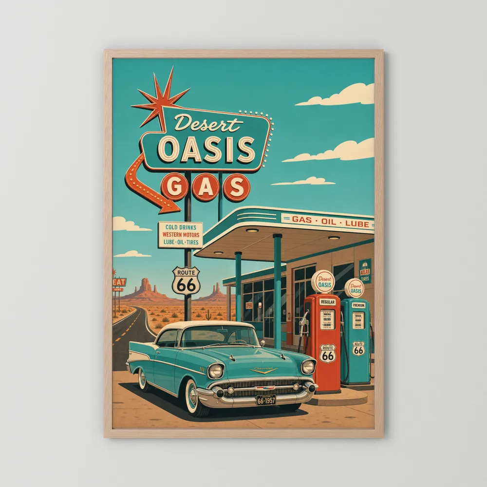 Desert Oasis Gas Station Route 66 Vintage Art Print