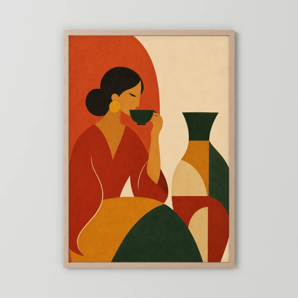 Woman Sipping Tea with Patterned Vase Boho Minimalist Art Print