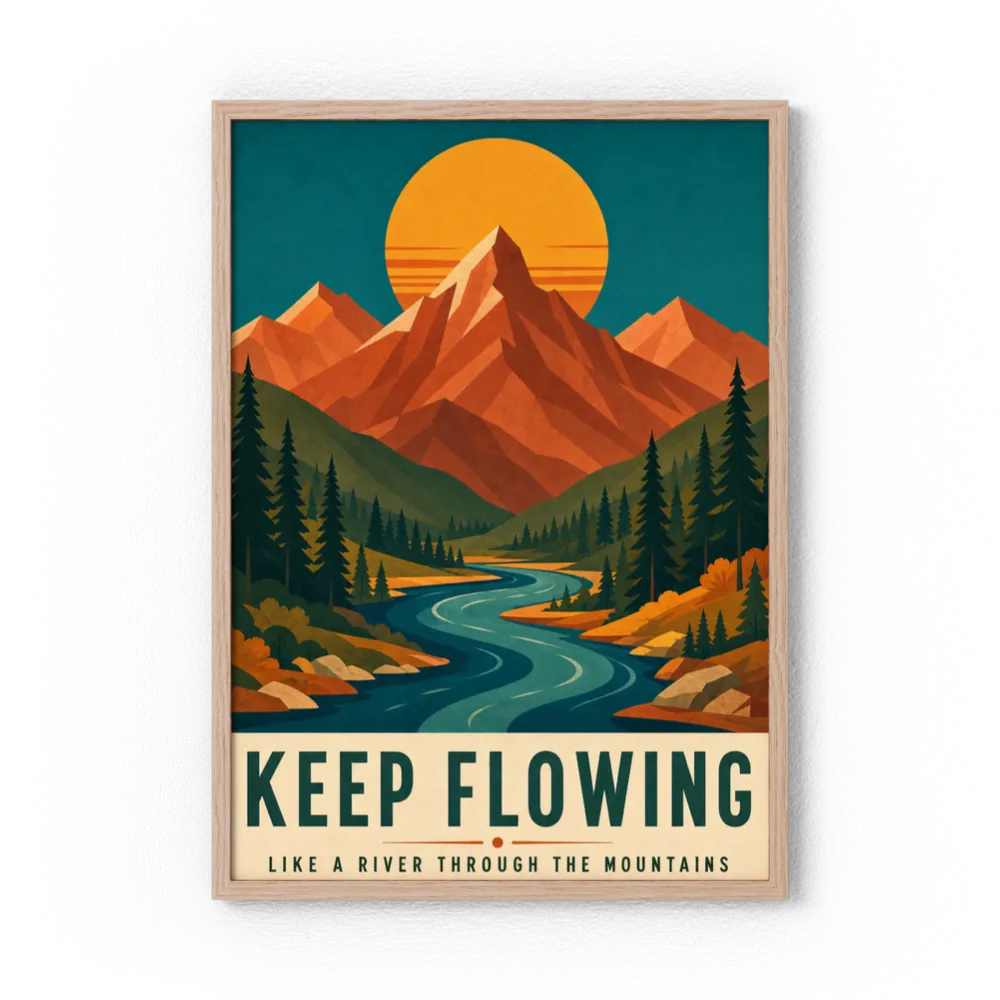 Keep Flowing – Retro Mountain & River Art Print