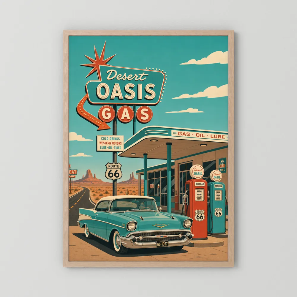 Desert Oasis Gas Station Route 66 Vintage Art Print
