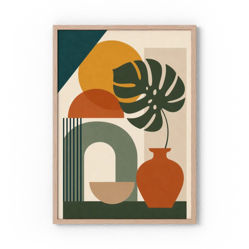 Mid-Century Monstera & Abstract Shapes Art Print