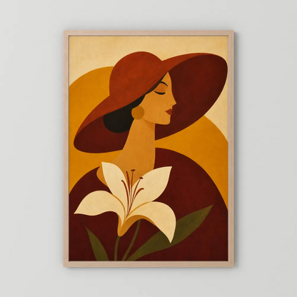 Woman in Sun Hat with White Lily Retro Art Print