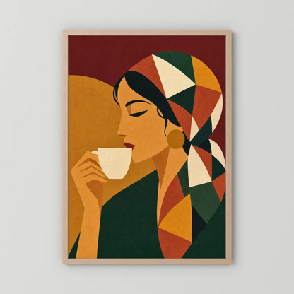 Woman Drinking Coffee with Geometric Headscarf Retro Art Print