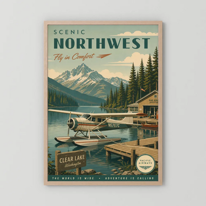Scenic Northwest Clear Lake Washington Seaplane Vintage Travel Poster Art Print