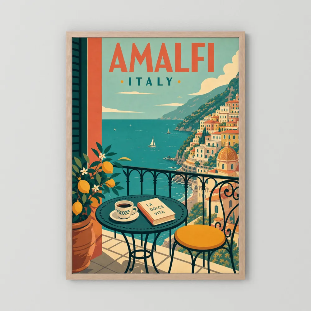 Amalfi Italy Coast Balcony Vintage Travel Poster Art Print