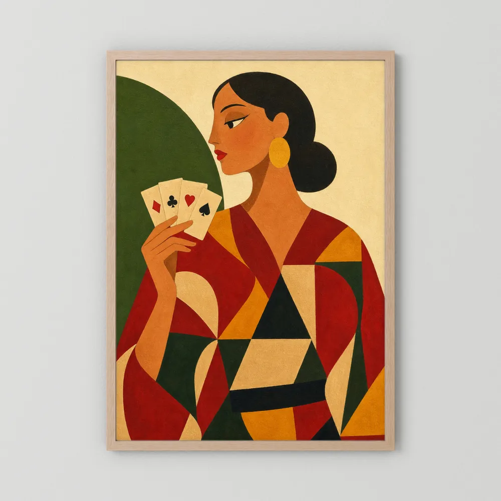 Woman Holding Playing Cards Mid-Century Art Deco Print