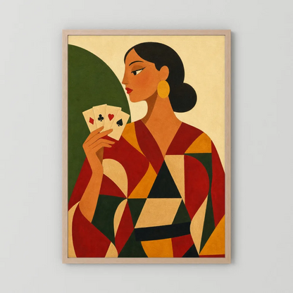 Woman Holding Playing Cards Mid-Century Art Deco Print