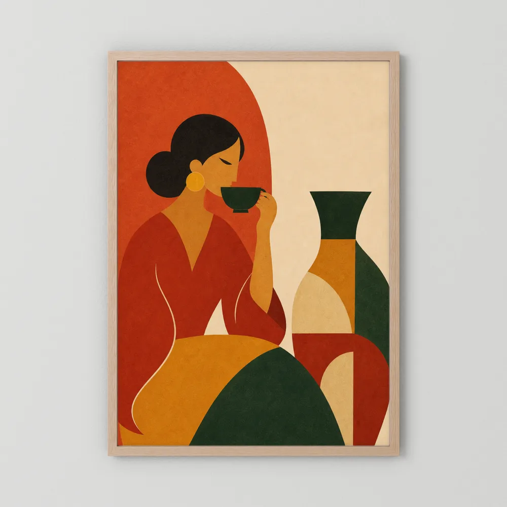 Woman Sipping Tea with Patterned Vase Boho Minimalist Art Print