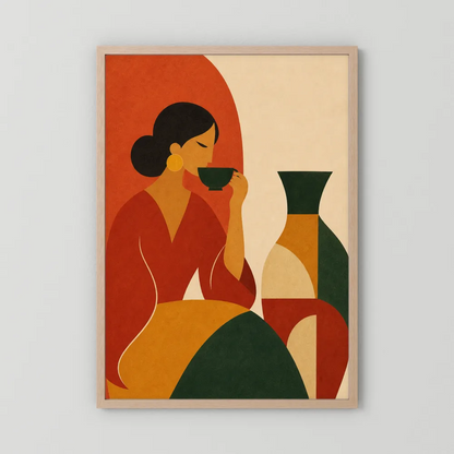 Woman Sipping Tea with Patterned Vase Boho Minimalist Art Print