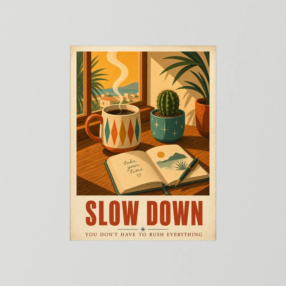 Slow Down – Retro Coffee & Journal Art Print