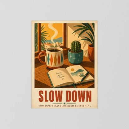 Slow Down – Retro Coffee & Journal Art Print