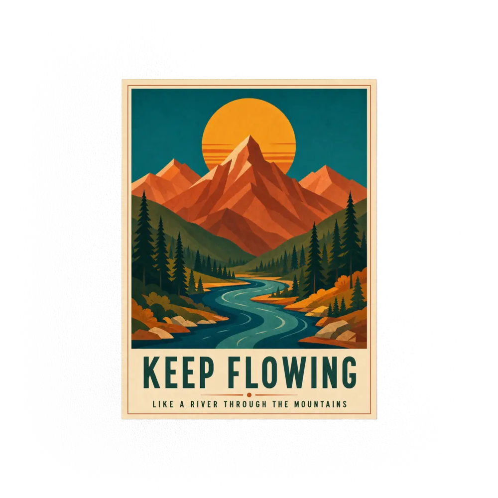 Keep Flowing – Retro Mountain & River Art Print
