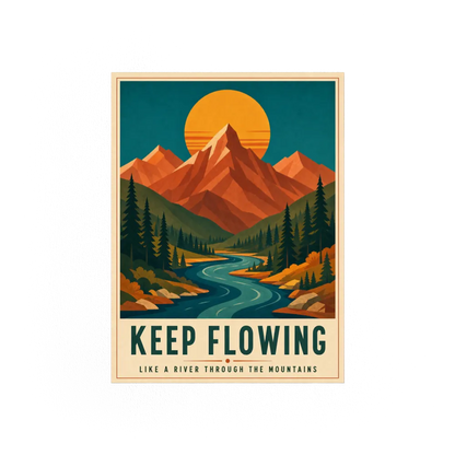Keep Flowing – Retro Mountain & River Art Print