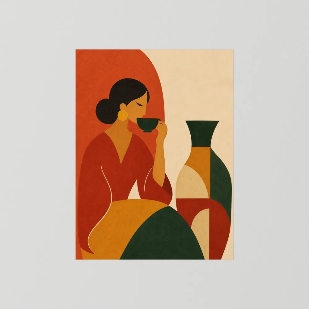 Woman Sipping Tea with Patterned Vase Boho Minimalist Art Print