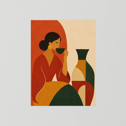 Woman Sipping Tea with Patterned Vase Boho Minimalist Art Print