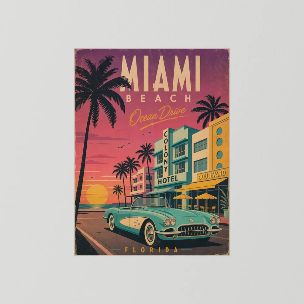 Miami Beach Ocean Drive Art Deco Vintage Travel Poster