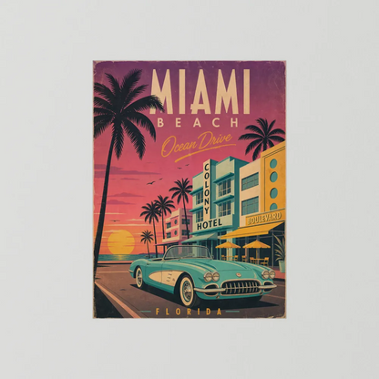 Miami Beach Ocean Drive Art Deco Vintage Travel Poster