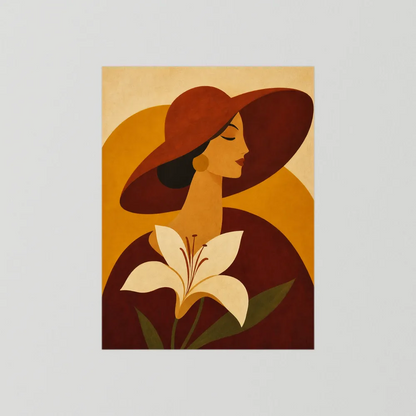 Woman in Sun Hat with White Lily Retro Art Print