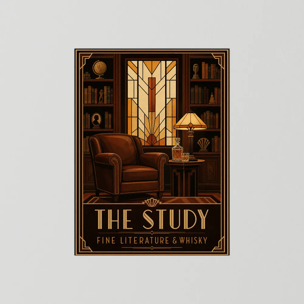 The Study: Fine Literature & Whisky – Vintage Art Deco Library Interior Print