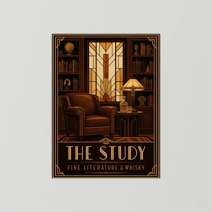 The Study: Fine Literature & Whisky – Vintage Art Deco Library Interior Print