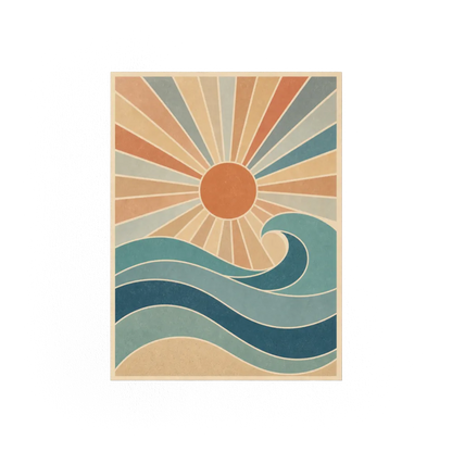 Retro Rising Sun & Ocean Wave Art Print