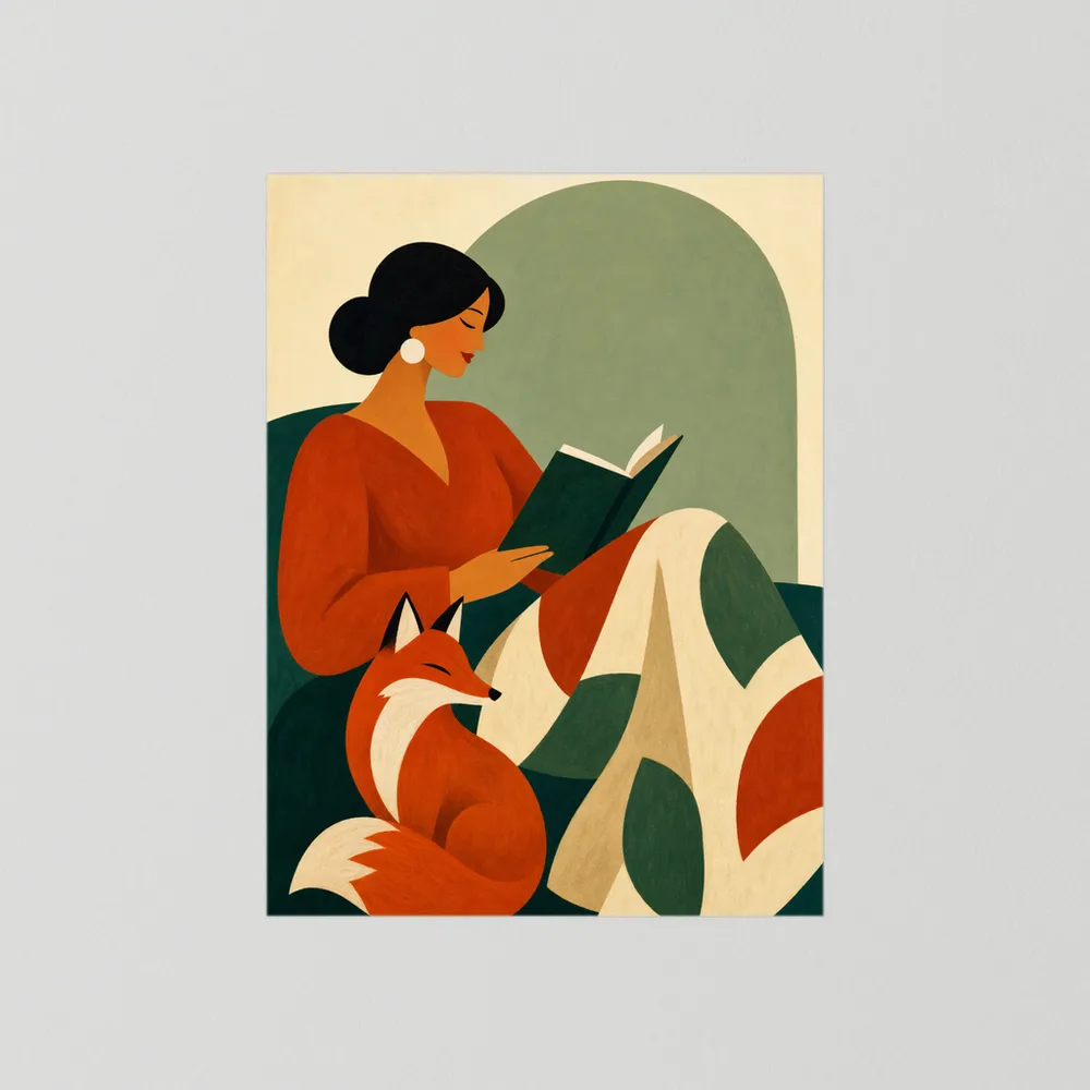 Woman Reading with Fox Mid-Century Retro Art Print