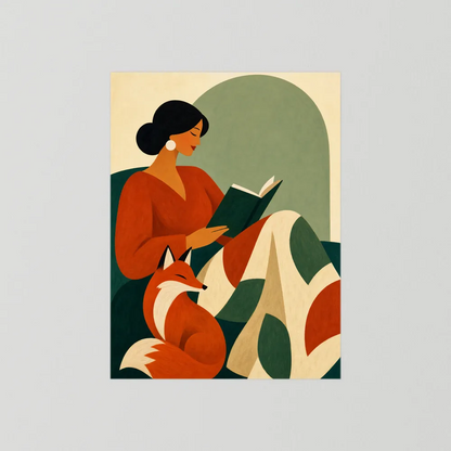 Woman Reading with Fox Mid-Century Retro Art Print