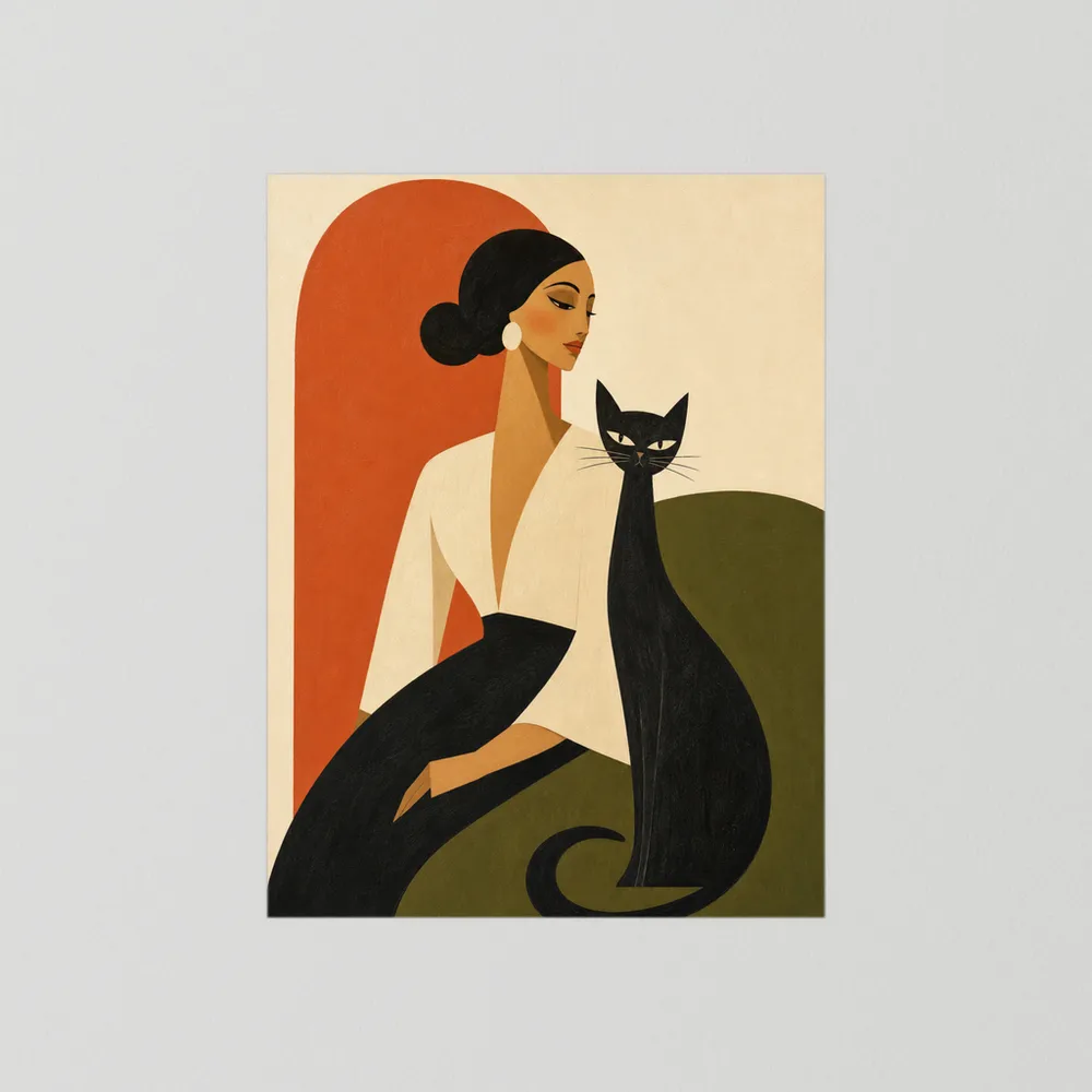 Woman with Sleek Black Cat Mid-Century Retro Art Print
