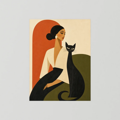 Woman with Sleek Black Cat Mid-Century Retro Art Print