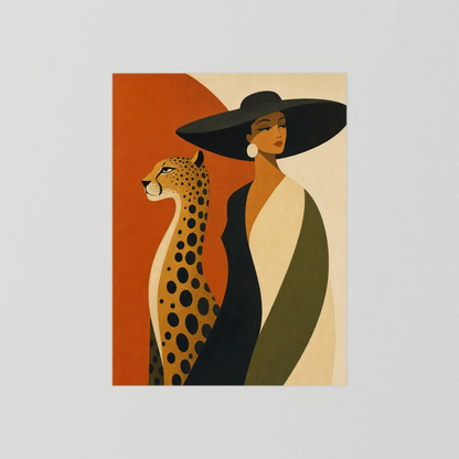 Glamorous Woman in Black Hat with Cheetah Mid-Century Art Print
