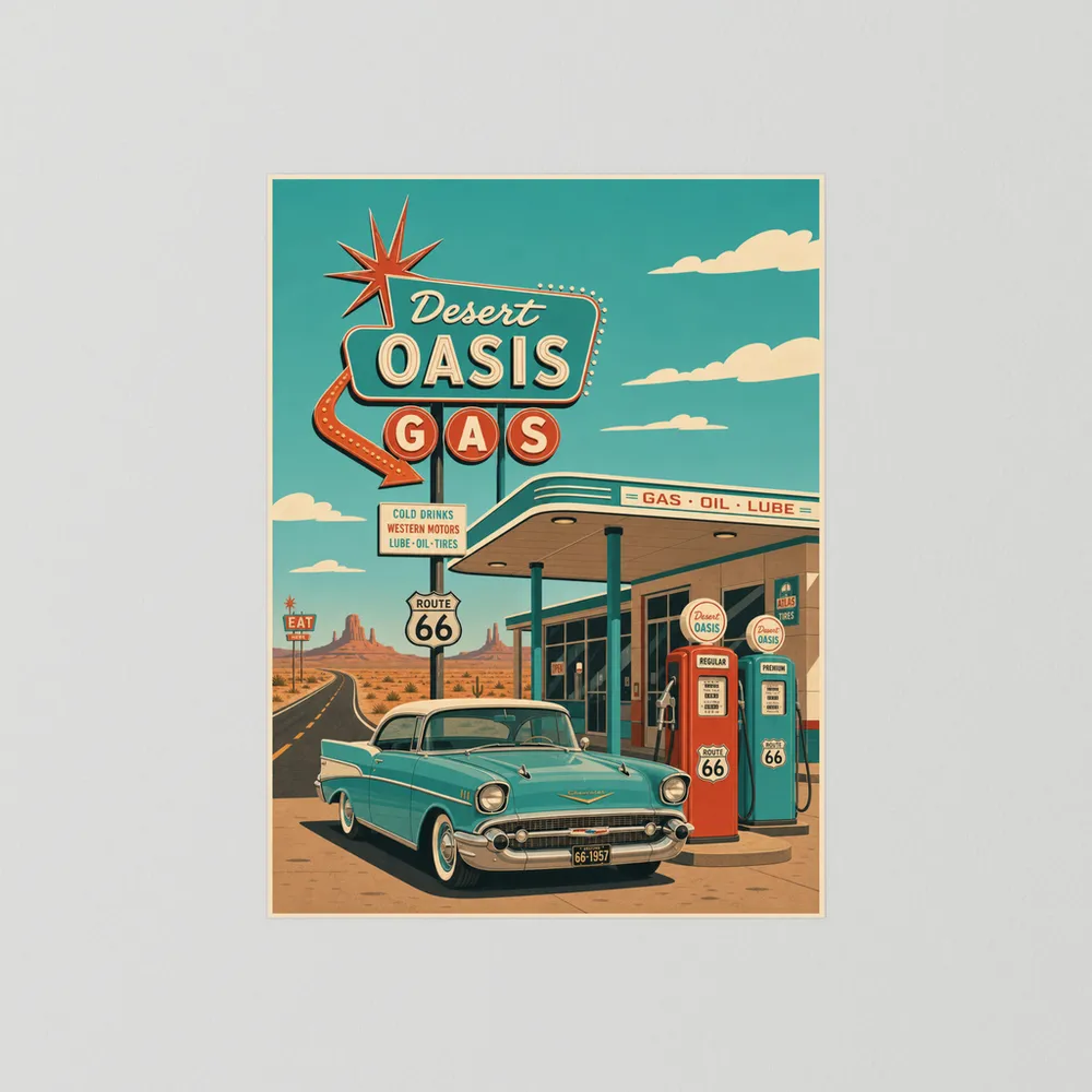 Desert Oasis Gas Station Route 66 Vintage Art Print