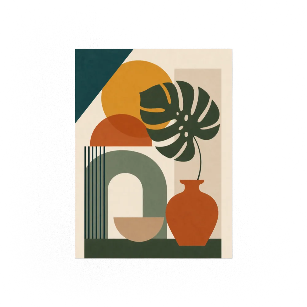 Mid-Century Monstera & Abstract Shapes Art Print