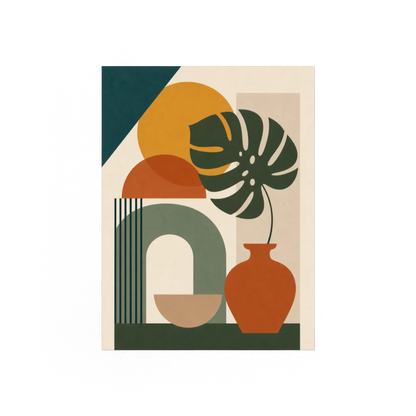 Mid-Century Monstera & Abstract Shapes Art Print