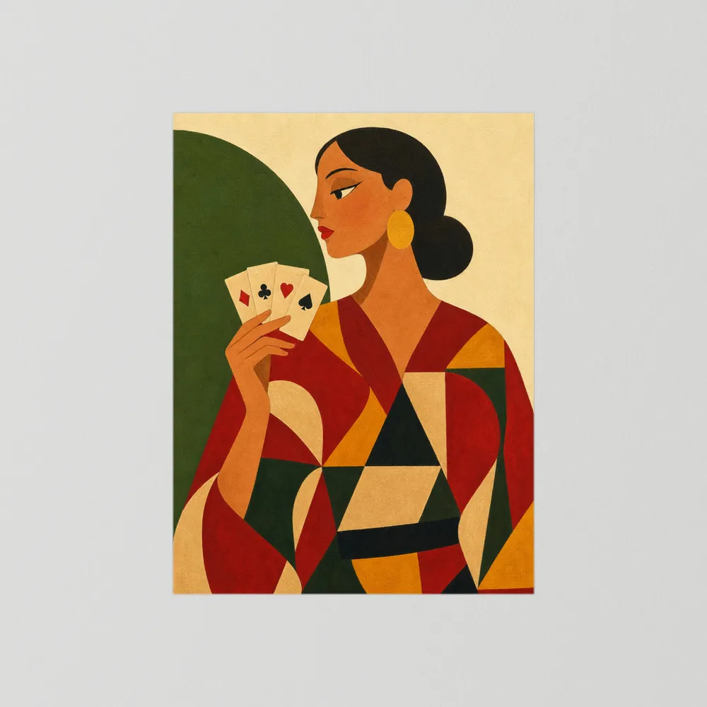 Woman Holding Playing Cards Mid-Century Art Deco Print