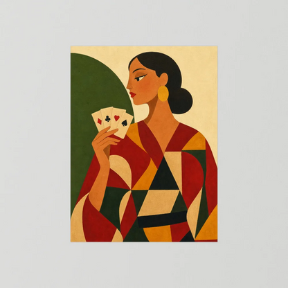 Woman Holding Playing Cards Mid-Century Art Deco Print