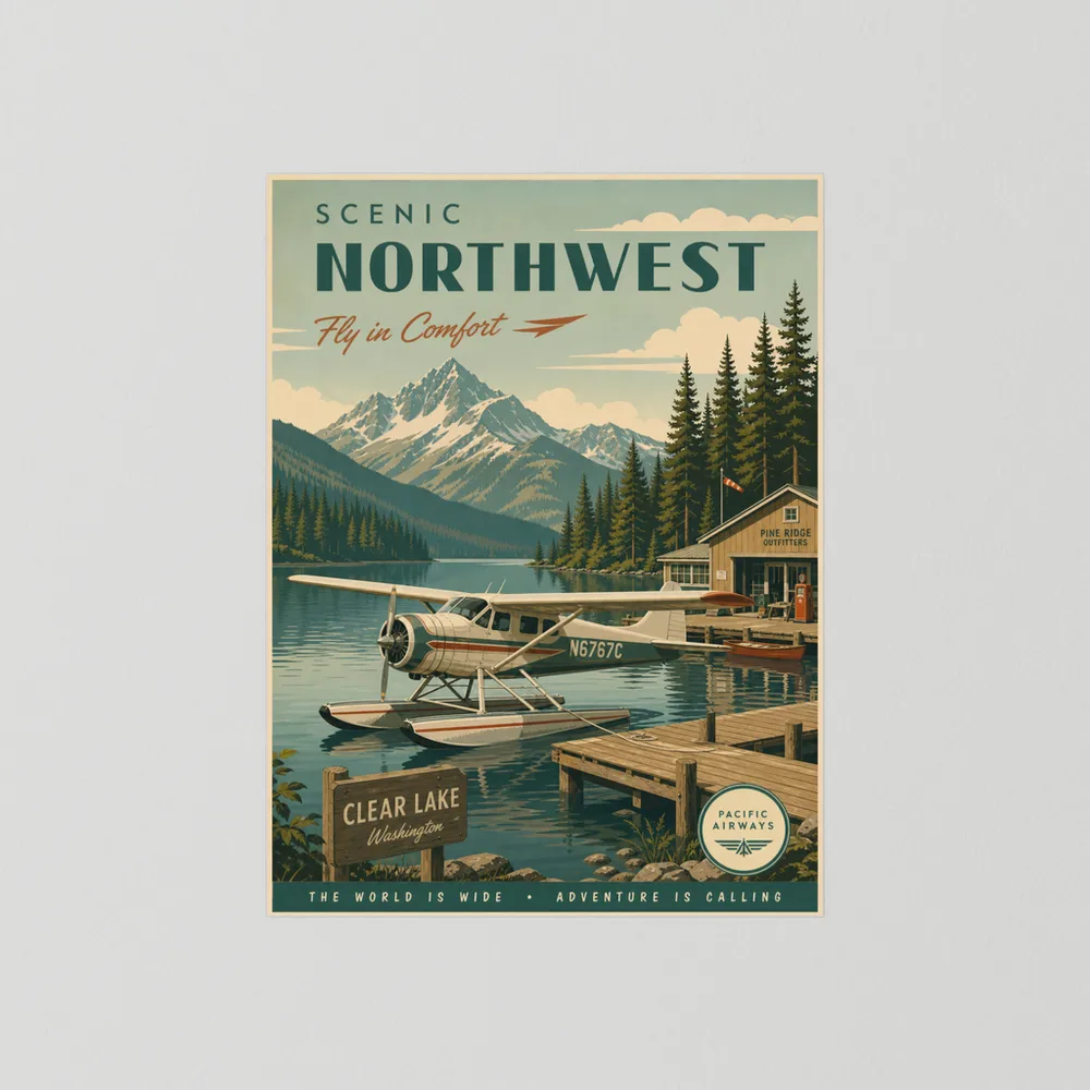 Scenic Northwest Clear Lake Washington Seaplane Vintage Travel Poster Art Print