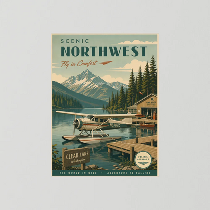 Scenic Northwest Clear Lake Washington Seaplane Vintage Travel Poster Art Print