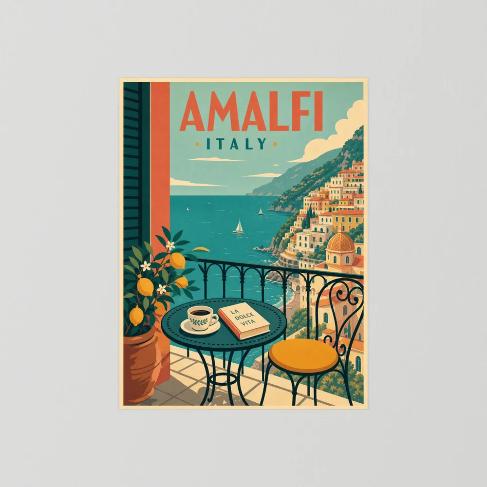 Amalfi Italy Coast Balcony Vintage Travel Poster Art Print