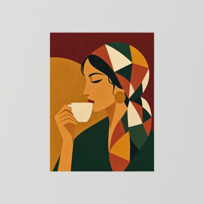 Woman Drinking Coffee with Geometric Headscarf Retro Art Print