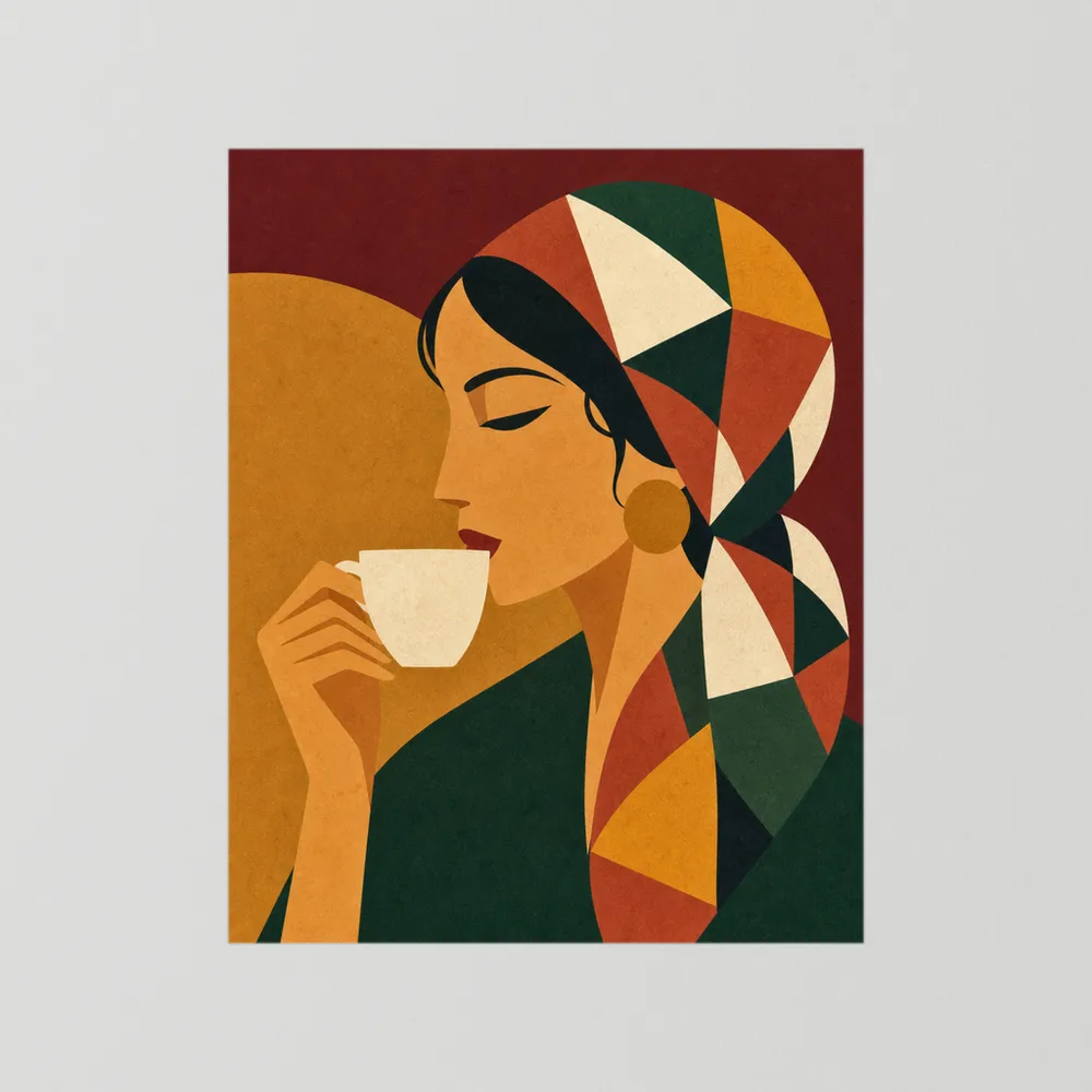 Woman Drinking Coffee with Geometric Headscarf Retro Art Print