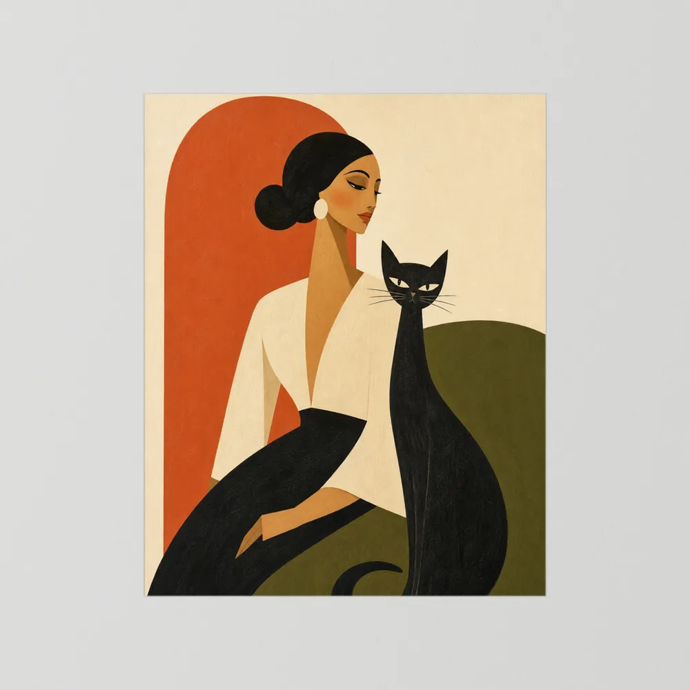 Woman with Sleek Black Cat Mid-Century Retro Art Print