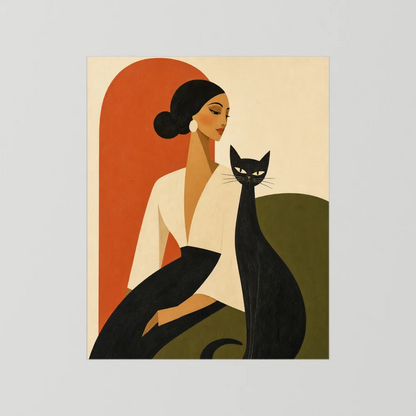 Woman with Sleek Black Cat Mid-Century Retro Art Print