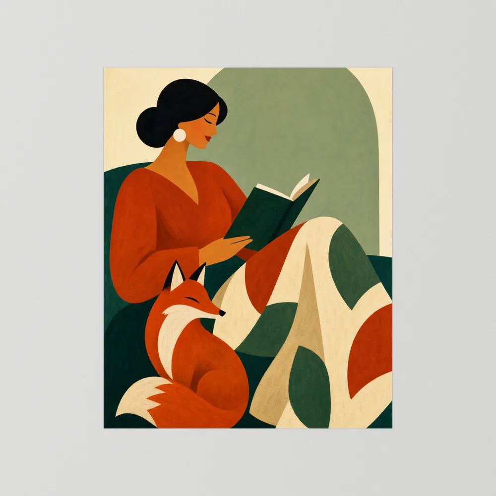 Woman Reading with Fox Mid-Century Retro Art Print