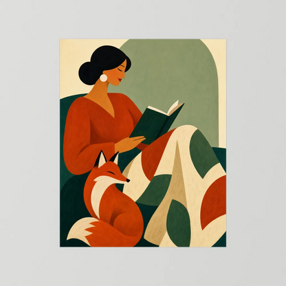 Woman Reading with Fox Mid-Century Retro Art Print