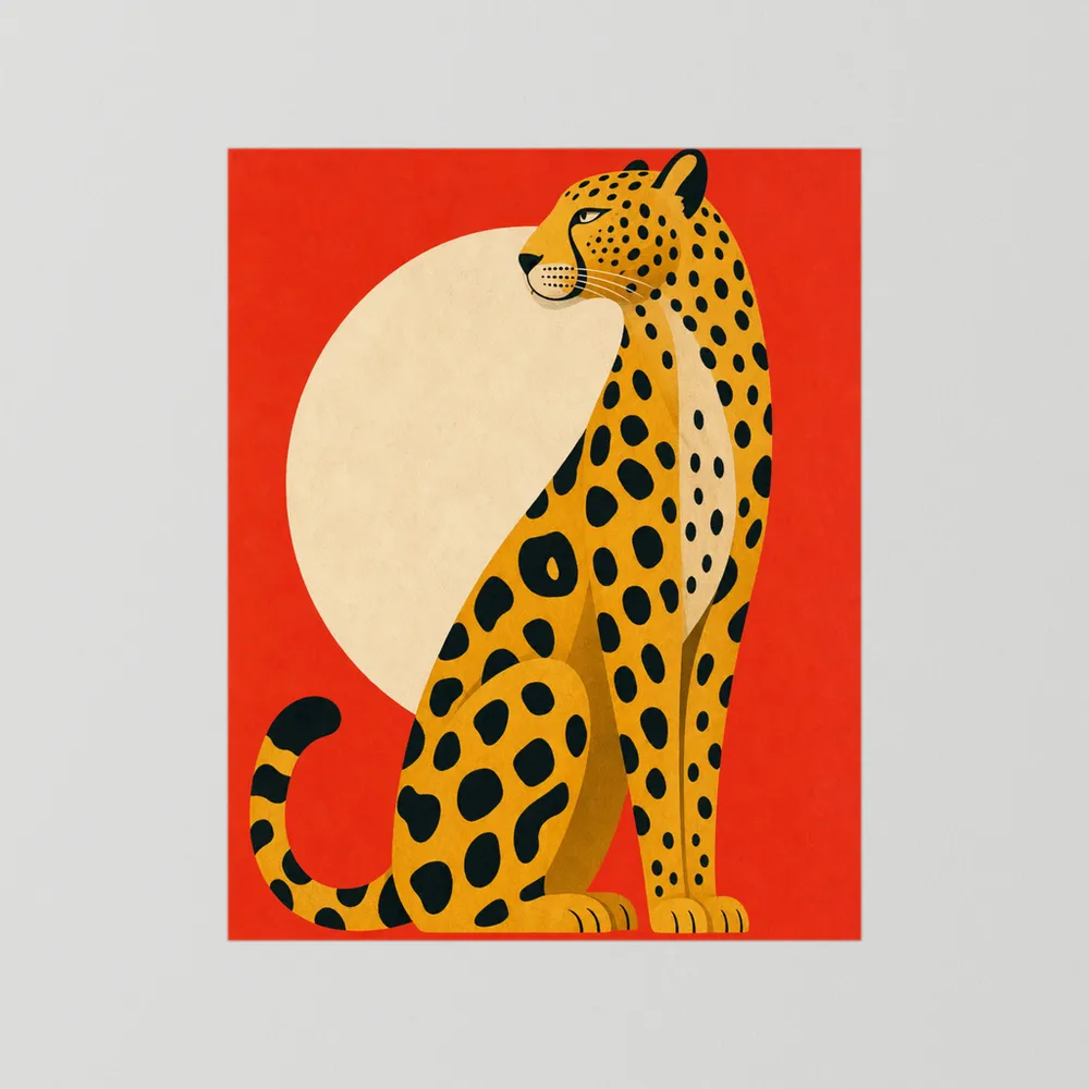 Mid-Century Modern Cheetah Red Sun Retro Art Print