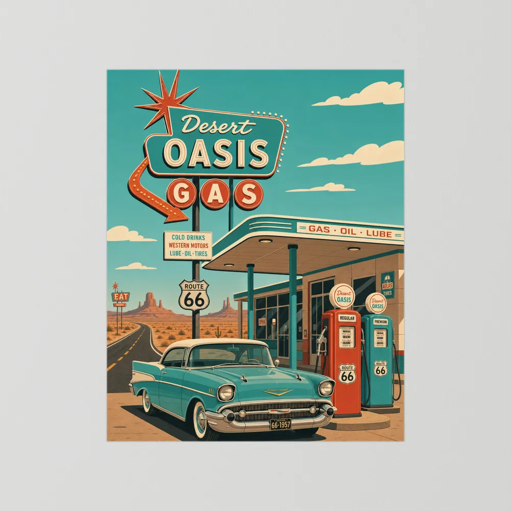 Desert Oasis Gas Station Route 66 Vintage Art Print