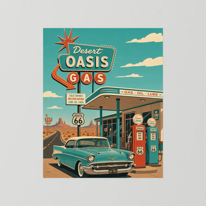 Desert Oasis Gas Station Route 66 Vintage Art Print