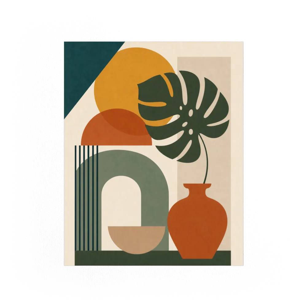 Mid-Century Monstera & Abstract Shapes Art Print