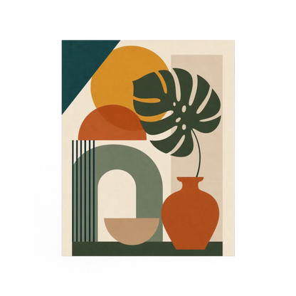 Mid-Century Monstera & Abstract Shapes Art Print